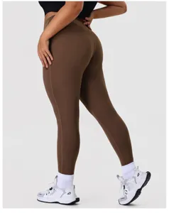High waist nude yoga leggings for women, brown tummy control fitness sports running pants.