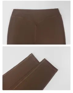 Women high waist nude yoga leggings detail view, showing supportive waistband and neat cuffs.