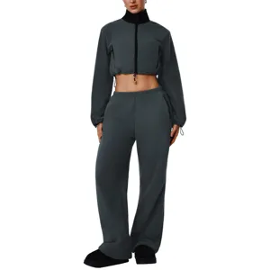 Women's Casual Thickened Double-Sided Polar Fleece Tracksuit Stand Collar Zipper Jacket And Wide-Leg Pants Two Piece Set Winter Warm Activewear
