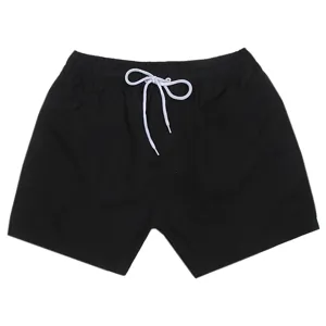 Vista dettagliata di pantaloncini da bagno uomo neri tinta unita con coulisse bianca.