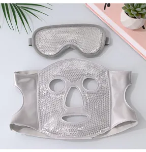 Cooling gel face mask and eye mask set for soothing, relaxing facial care and recovery.