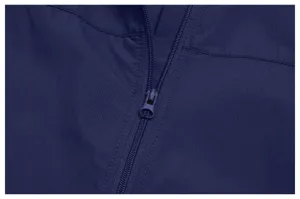 Close-up detail of dark blue men's outdoor jacket fabric and sturdy front zipper design.