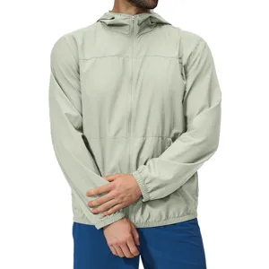 Light green men's outdoor hooded zipper jacket for sports, hiking, and fitness, front view.