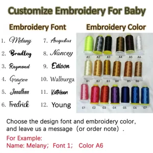Guide de personnalisation de coussin bébé brodé avec 12 polices et couleurs de fil.