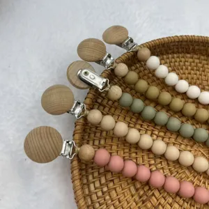 Silicone wooden pacifier clip baby teething dummy chain assorted colors set safe design