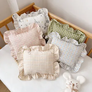Nordic ramie baby square pillow with ruffle edge, removable and washable nap cushion details.