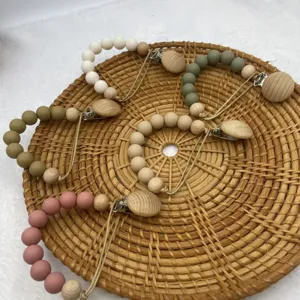 Silicone wooden pacifier clip teething toy set, safe baby dummy holder with beech beads.