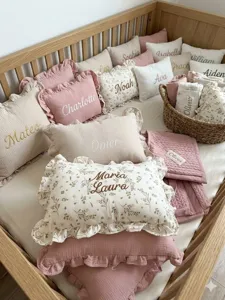 Custom embroidered muslin ruffle baby pillow personalized infant cushion cotton nursery decor