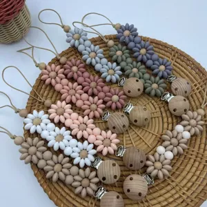 Silicone daisy flower pacifier clip detail, wooden beads and clip for baby soothing dummy holder.