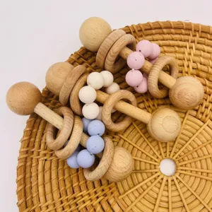 Holz Silikon Baby Rassel Spielzeug, natürliche Holzperlen, sicheres Greifspielzeug.