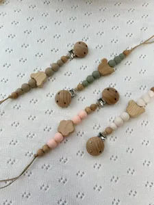 Cadenas de chupete de madera y silicona con cuentas de oso y flores, sujetachupetes seguro.