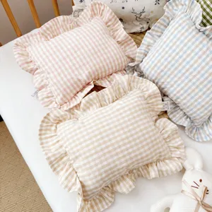 Nordic linen ruffled throw pillow set, cozy square cushion with plaid pattern for home decor.