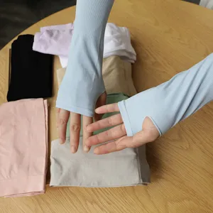 Close-up detail of ice silk sun protection sleeves with thumb holes, showing multiple colors.