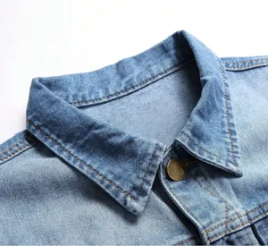 Men light blue denim jacket collar detail close up fashion casual outerwear piece design.