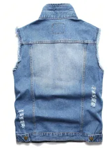 Men's distressed denim vest casual sleeveless jacket raw edge retro style back view detail.