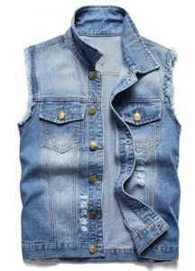 Detailed view of men's distressed denim vest with raw edges and metal buttons.