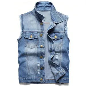 Men's Casual Cotton Denim Vest Raw Edge Turn-Down Collar Sleeveless Jacket American Style Fashion Outerwear