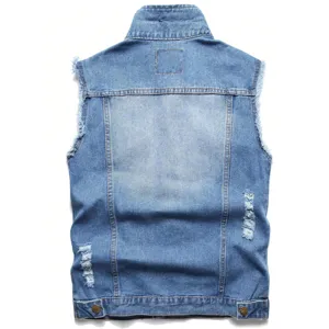 Men's blue denim vest casual sleeveless jacket with frayed distressed details and front buttons.