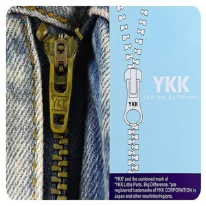 Blue washed denim shorts detail featuring a durable YKK brass metal zipper and card display.