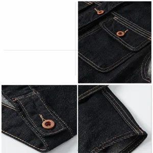 Denim vest detail close-up showing fine stitching, metal buttons, and utility pockets.