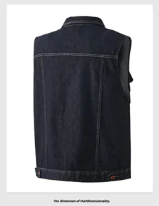 Vintage dark blue denim vest back detail, casual sleeveless jacket for men's retro daily wear.