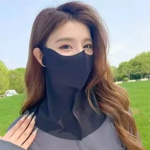 Black ice silk sun protection face mask, breathable UV blocking neck gaiter for outdoor summer.