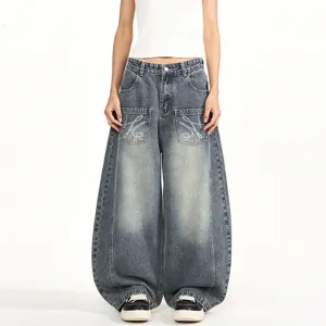 Jeans in Denim Vestibilità Larga Blu Vintage da Uomo Cavallo Basso Arco Curvo Strutturati Pantaloni Lunghi Casual Con Tasche