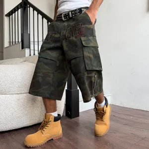 Men's Casual Pure Cotton Camouflage Cargo Shorts Multi-Pocket Embroidered 3/4 Length Shorts