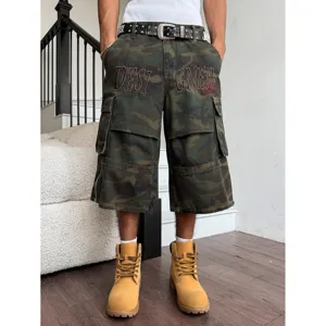 Men camouflage cargo shorts 100% cotton multi-pocket casual outdoor 3/4 pants streetwear