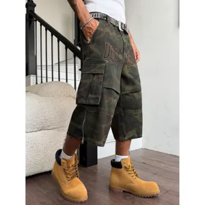Men's camouflage cargo shorts 100% cotton multi-pocket casual streetwear knee-length pants