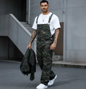 Men's High Street Camouflage Denim Bib Overalls Casual Loose Straight Leg Multi Pocket Cargo Pants Streetwear