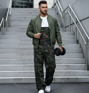 Men casual camo jumpsuit tactical overall set with green bomber jacket streetwear fashion main