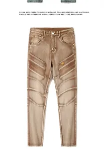 Men's vintage washed slim fit biker jeans featuring stylish 3D pleated panel details.