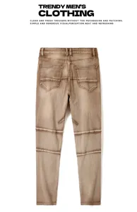 Back view of men's washed biker slim denim jeans featuring detailed panel stitching.