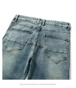 Men vintage washed distressed slim fit denim jeans back detail showing creative pocket design.