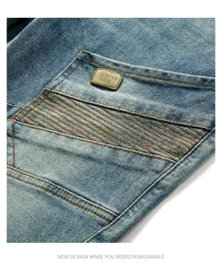 Men slim fit biker jeans retro washed denim pants with detailed pleated knee and pocket design