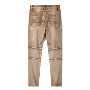 Men's vintage washed biker slim fit jeans, stylish panel design, retro brown stretch denim pants.