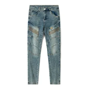 Men's retro washed slim-fit biker denim jeans with stylish patchwork and pleated details.