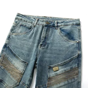 Men vintage washed biker slim fit skinny jeans with pleated patch details and trendy denim style
