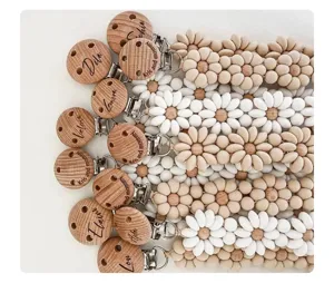 Personalized custom engraved wooden and silicone daisy flower pacifier clip holder
