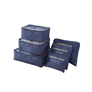 6-piece travel packing cubes set, dark blue luggage organizer bags for clothing and travel essentials.