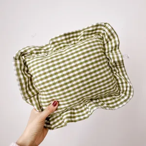Green white gingham ruffled baby pillow cute cotton square cushion for nap and nursery room decor