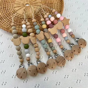 Cadena para chupete de madera y silicona con cuenta de oso clip de denticion para bebe