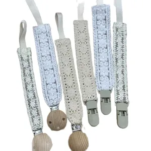 Attache tetine en dentelle bebe chaine de support jouet de dentition clip en bois blanc