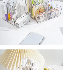 Organisateur de bureau transparent en acrylique et porte-stylo à compartiments multiples.