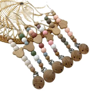 Cadena para chupete de silicona y madera cuentas de haya mordedor para bebe anticaida
