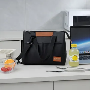 Borsa termica portapranzo nera di grande capacita, borsa pranzo impermeabile con tracolla regolabile.