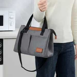 Borsa termica grigia per pranzo con tracolla, grande borsa isolante per pasti quotidiani.