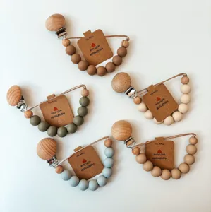 Baby Pacifier Clip Chain Food Grade Silicone Beech Wood Beads Teething Toy Soother Holder Anti Drop Strap Infant Shower Gift