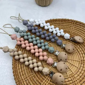Silicone pacifier clip handmade wooden dummy chain teething toy for infant baby shower gift main view.